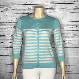 LOFT Ann Taylor NWT XLP Blue Stripe Cotton/Wool Blend Button Sweater Cardigan